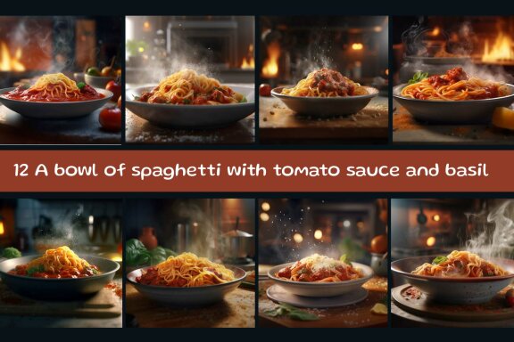 A bowl of spaghetti with tomato sauce and basil