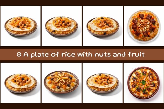 A plate of rice with nuts and fruit