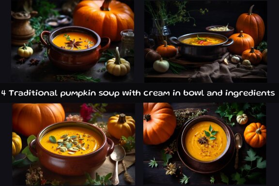 Traditional pumpkin soup with cream in bowl and ingredients