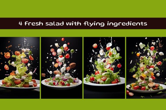 Fresh salad with flying ingredients