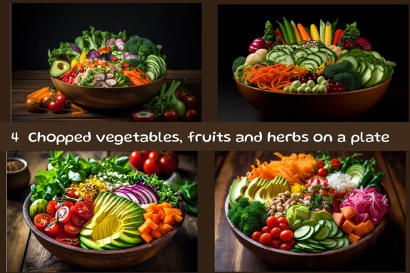 Chopped vegetables, fruits and herbs on a plate
