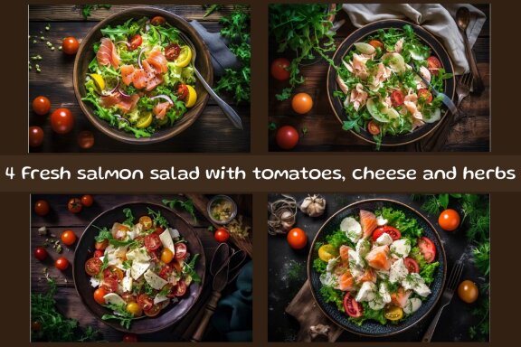 Fresh salmon salad with tomatoes, cheese and herbs