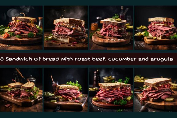 Sandwich of bread with roast beef, cucumber and arugula